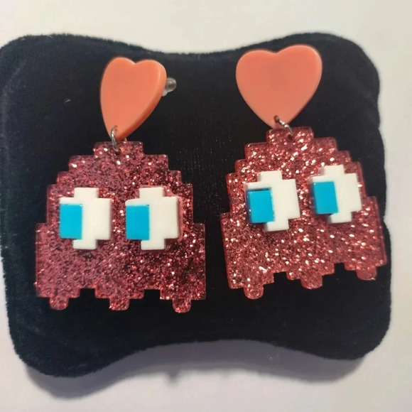 Glittery Pink Ghost Dangle Earrings (Pacman Style) - Picture 4 of 8